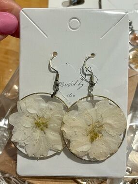 Handmade Pressed White Flower Resin Earrings